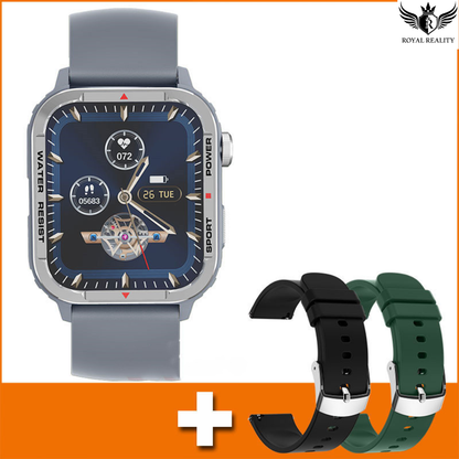 Smartwatch with gray strap and additional black and green straps on an orange background, featuring Royal Reality branding.