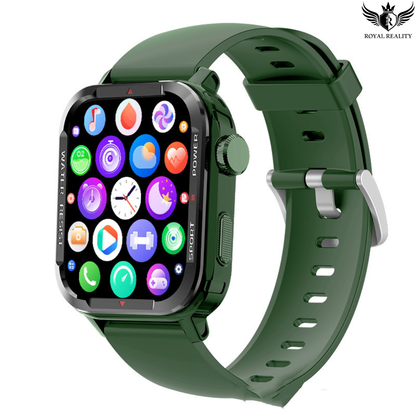 Green smartwatch with a colorful display on a white background