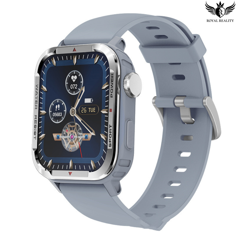 Smartwatch with a blue strap on a white background, featuring the brand 'Royal Reality'.