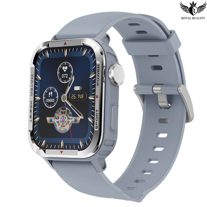 Smartwatch with a blue strap on a white background, featuring the brand 'Royal Reality'.