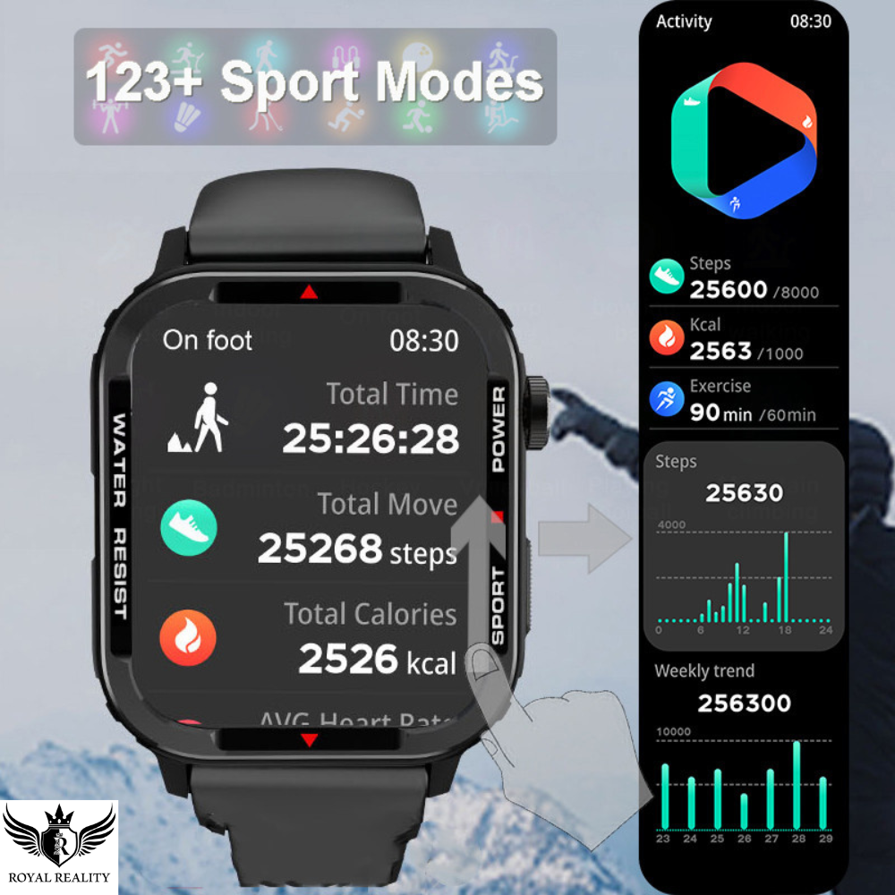 Smartwatch displaying activity metrics with a blurred background