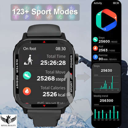 Smartwatch displaying activity metrics with a blurred background