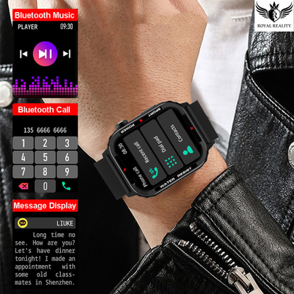 Smartwatch on a wrist with app icons and text display, worn by a person in a leather jacket.