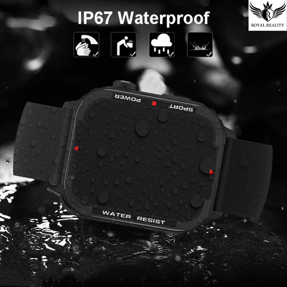 Black waterproof device with 'IP67 Waterproof' text and icons, brand 'Royal Reality' visible.