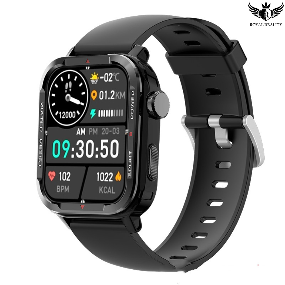 Smartwatch with a black strap on a white background, featuring various display icons.