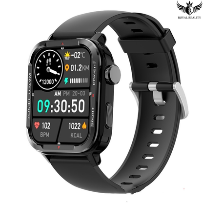 Smartwatch with a black strap on a white background, featuring various display icons.