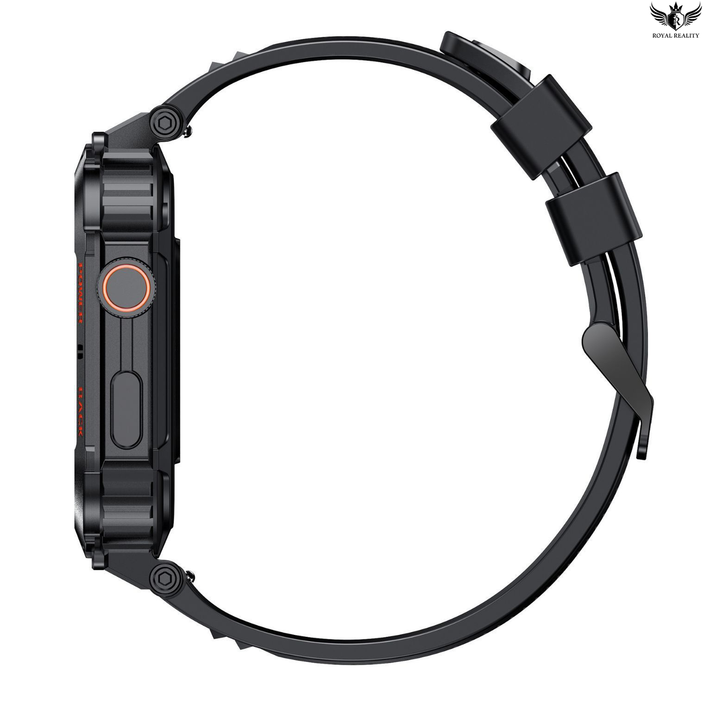 Black smartwatch with a metallic band on a white background