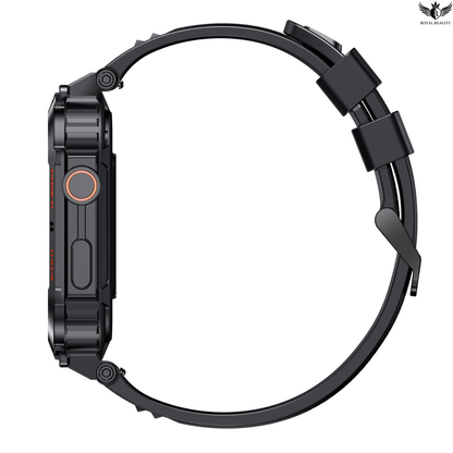 Black smartwatch with a metallic band on a white background