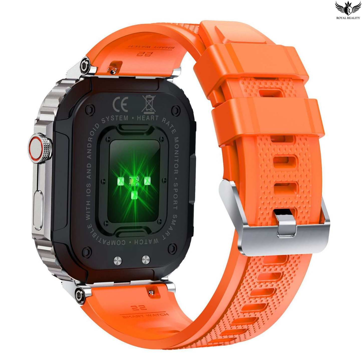 orange smart watch from the back