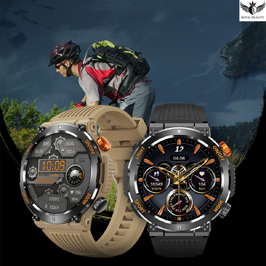 Two watches displayed with a mountain bike rider in the background