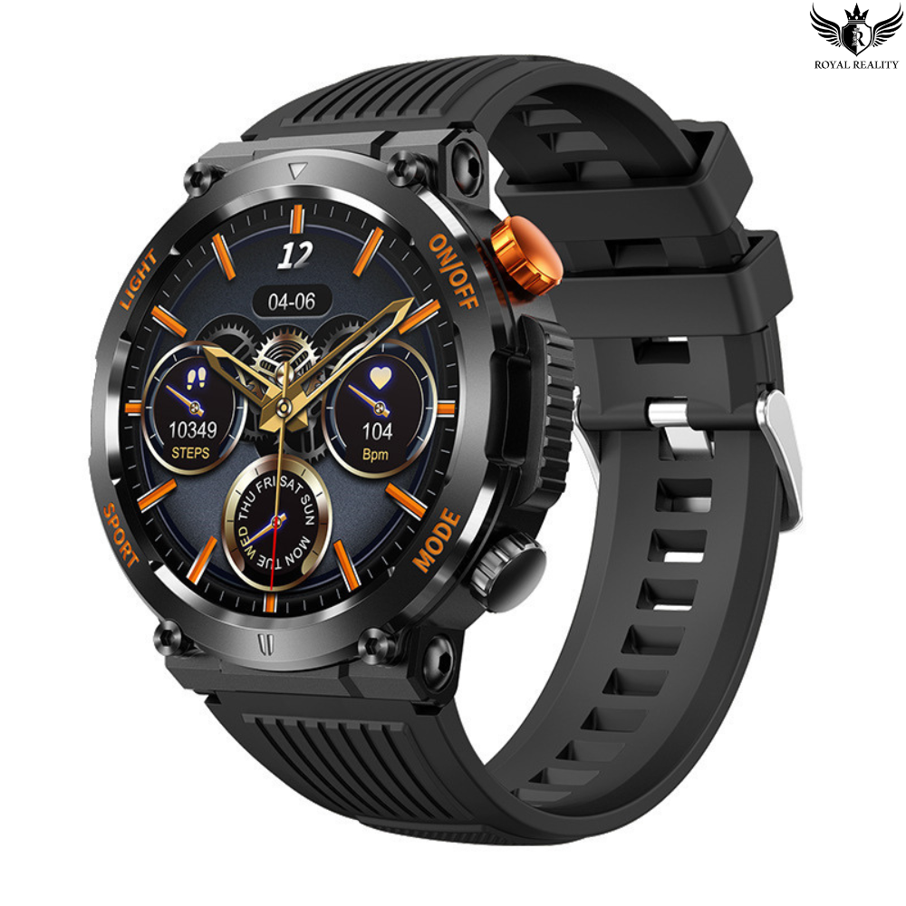 Black smartwatch with detailed face on a white background