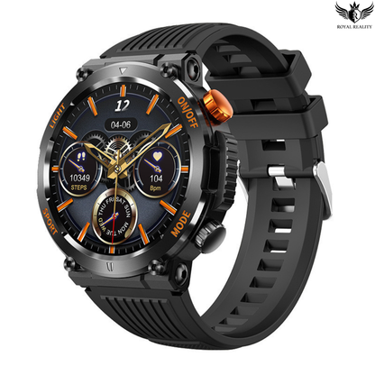 Black smartwatch with detailed face on a white background