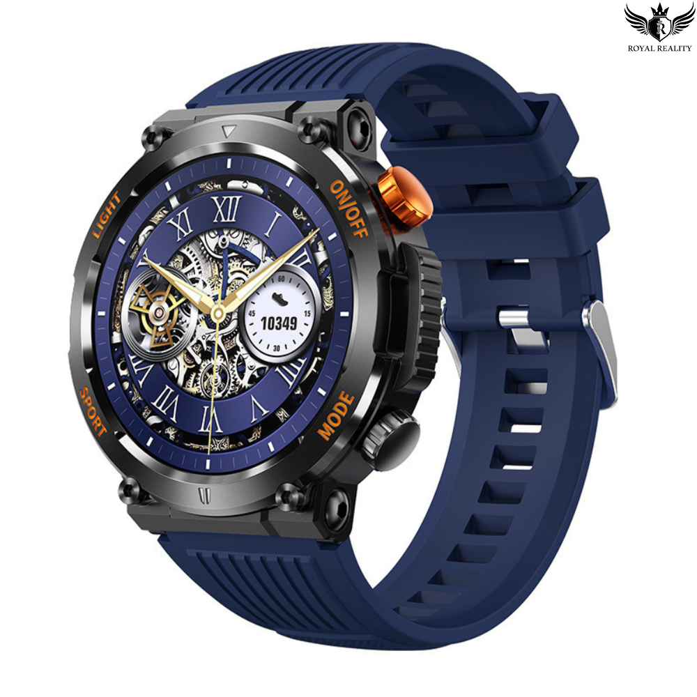 Blue wristwatch with detailed face on a white background