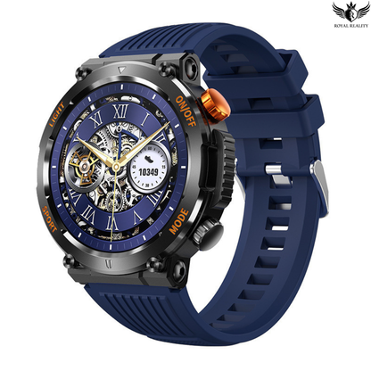 Blue wristwatch with detailed face on a white background