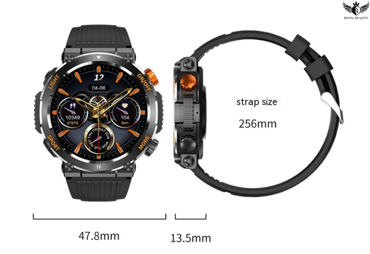 Smartwatch with black strap and detailed face, showing measurements on a white background.