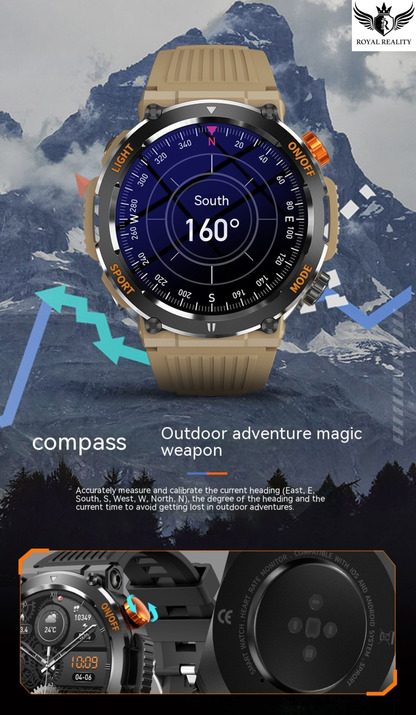 Smartwatch with compass功能, displayed against a mountainous background