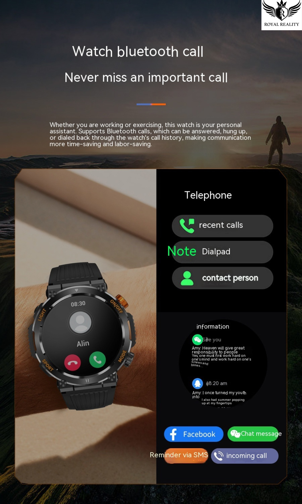 Smartwatch with Bluetooth call features displayed on a screen