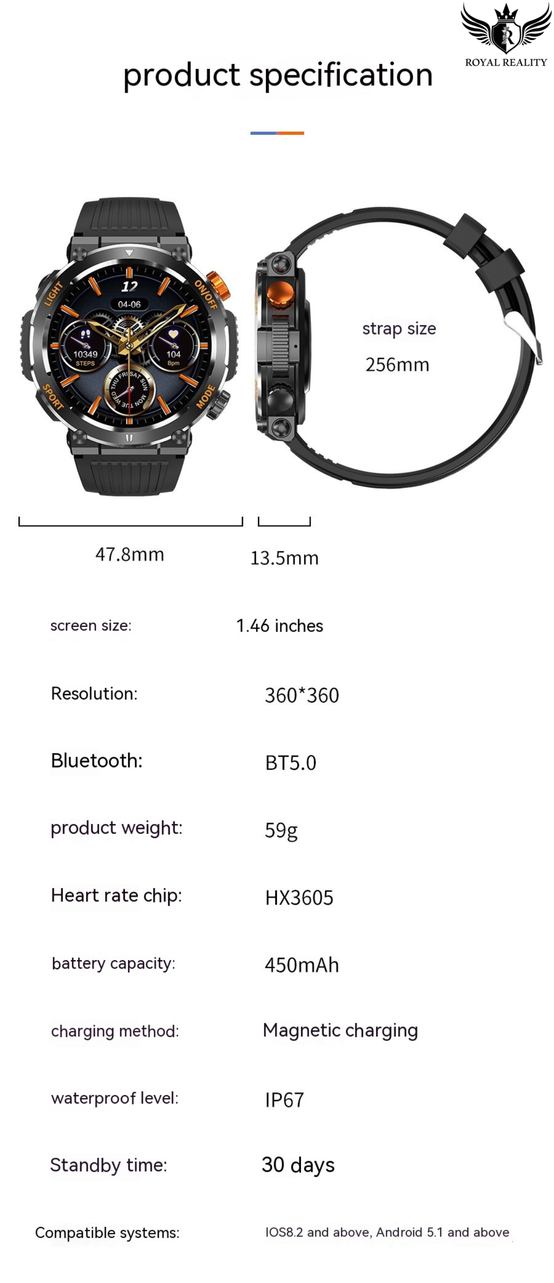 Product specification details of a smartwatch with strap size, screen size, and other features listed.