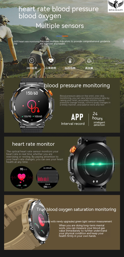 Advertisement for a smartwatch with heart rate, blood pressure, and blood oxygen monitoring features.