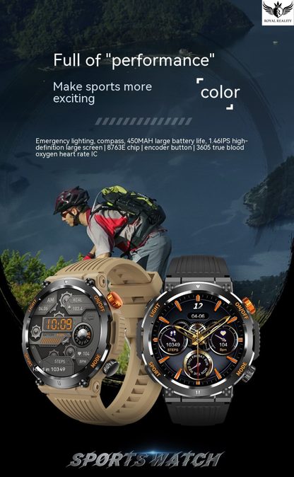 Two sports watches displayed with a person in outdoor gear, set against a dark background.