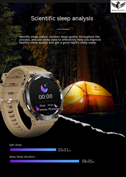 Smartwatch with sleep analysis display in front of a tent in a forest setting