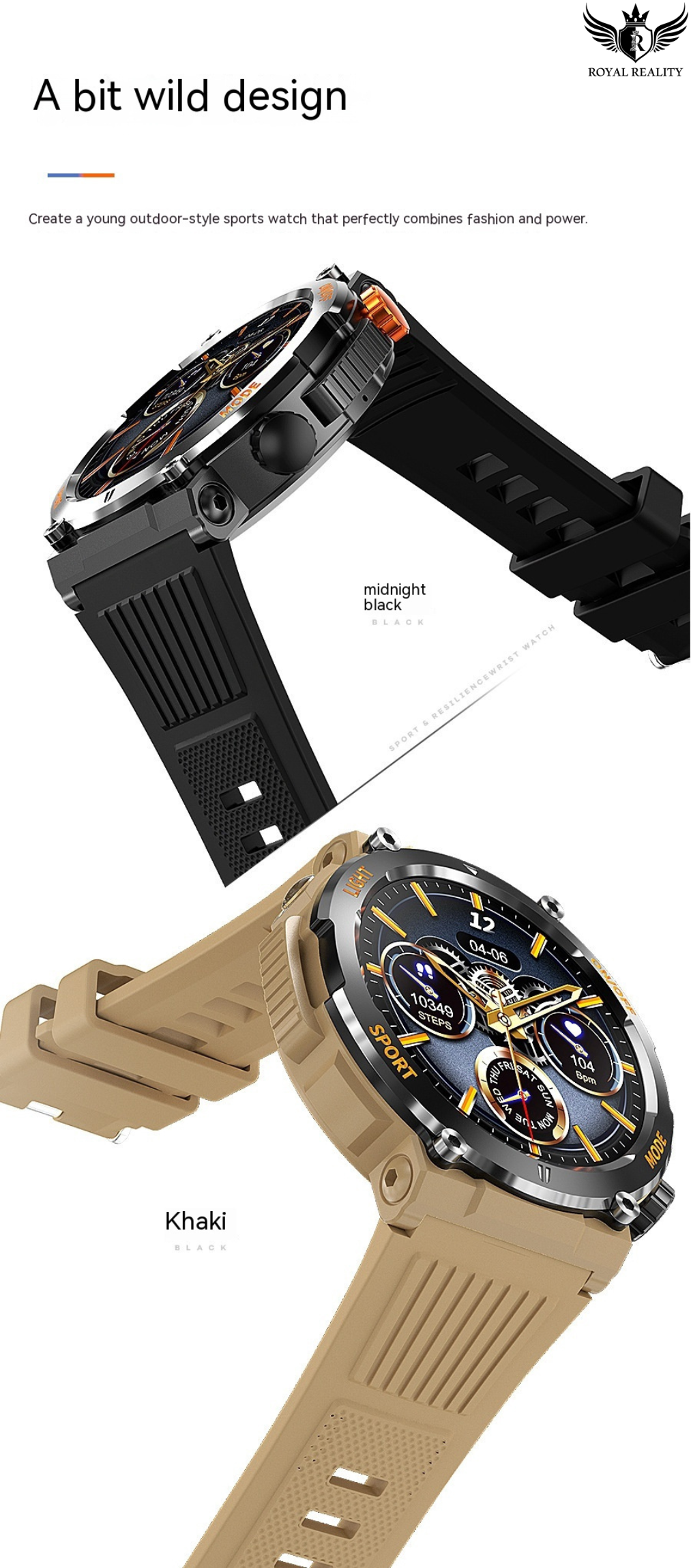 Two smartwatches with black and beige bands on a white background