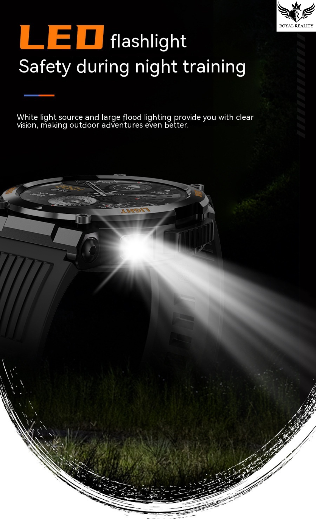 LED flashlight with beam projection on a dark background, emphasizing safety during night training.