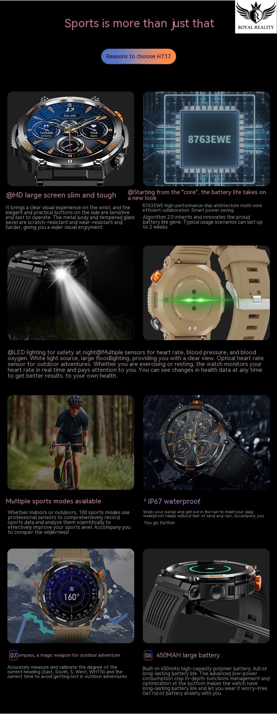 Promotional image of a smartwatch with features highlighted on a black background