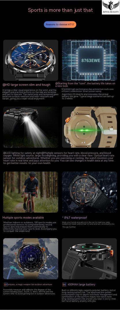 Promotional image of a smartwatch with features highlighted on a black background