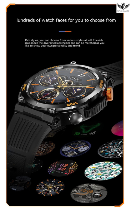 Smartwatch with customizable watch faces on a black background