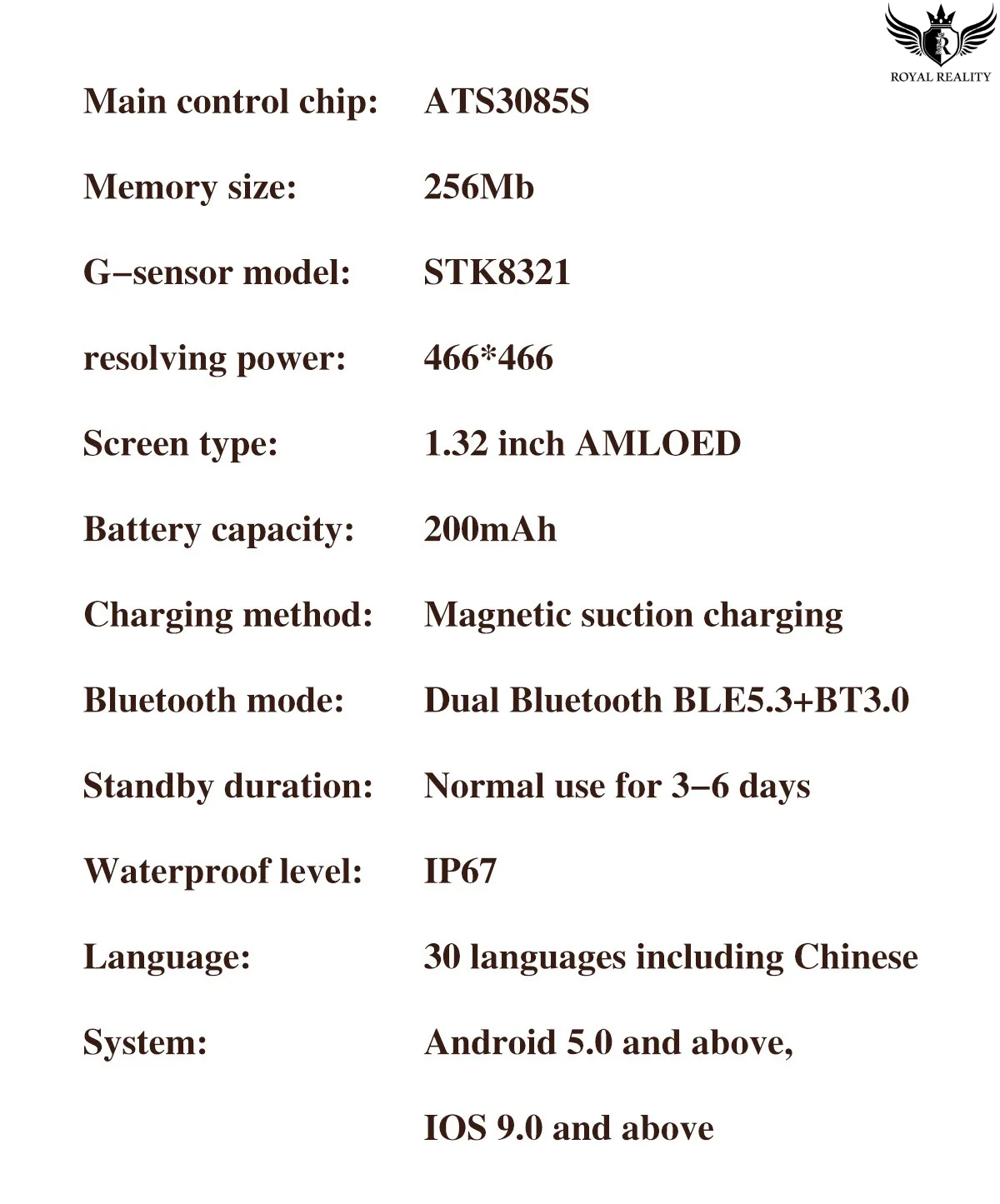 Technical specifications of a device on a white background with 'Royal Reality' branding.