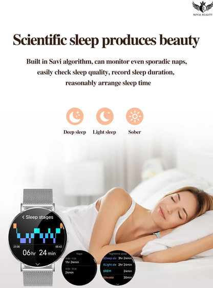 Smartwatch with sleep tracking features displayed on a woman sleeping in bed.