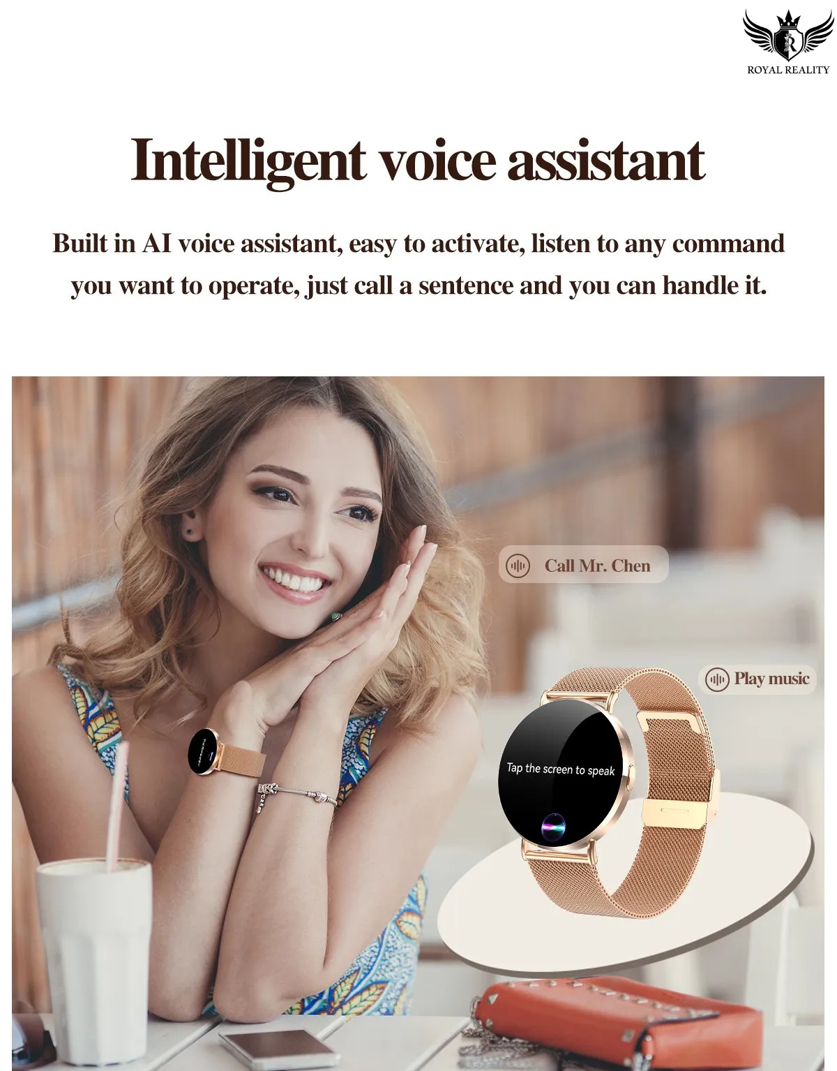 Woman using a smartwatch with an AI voice assistant interface, sitting at a table with a glass of milk.