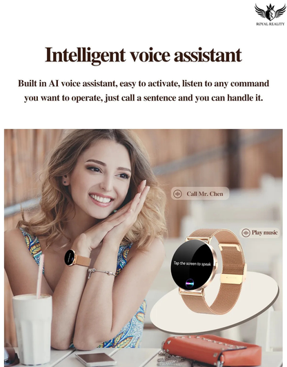 Woman using a smartwatch with an AI voice assistant interface, sitting at a table with a glass of milk.