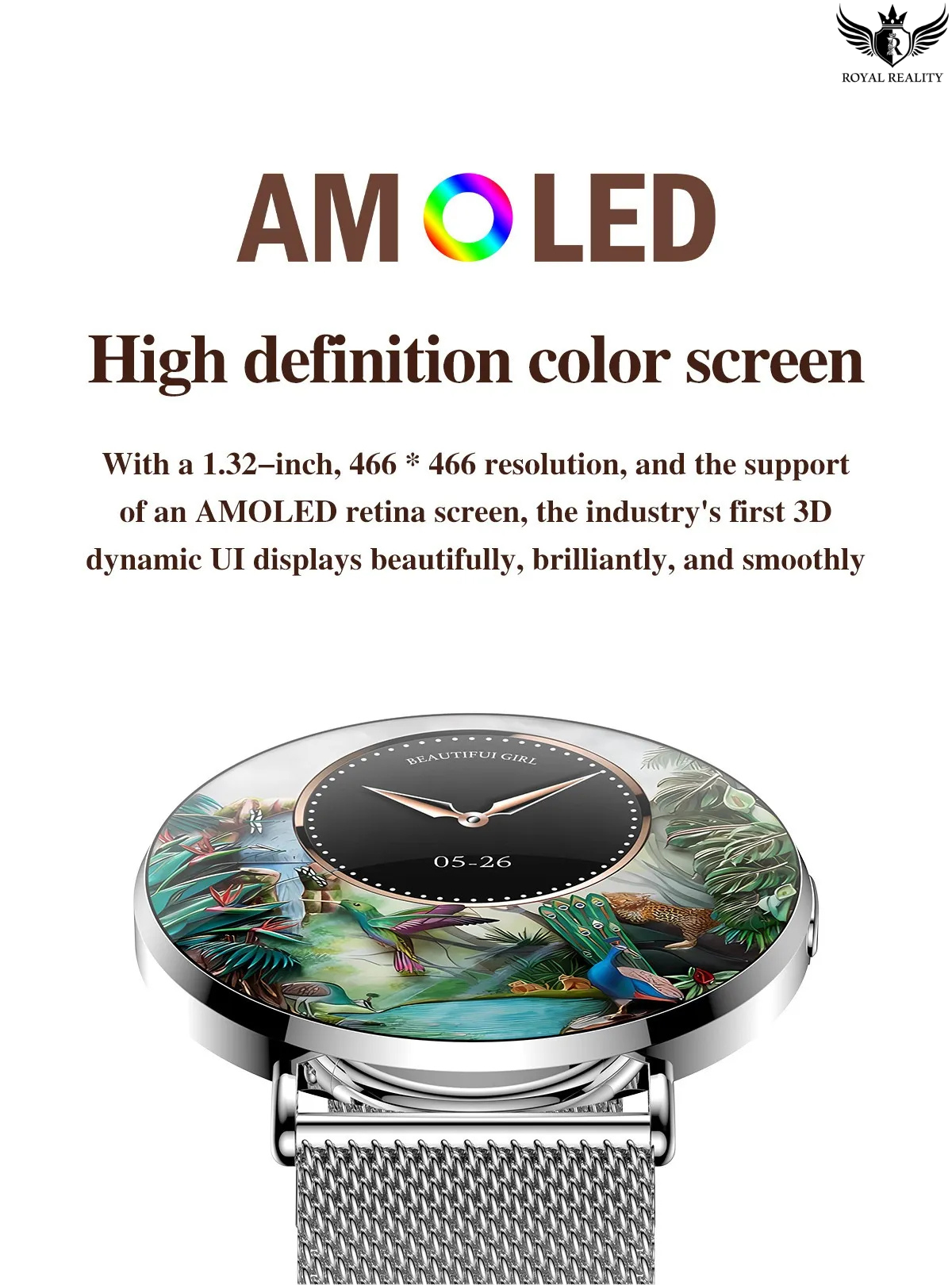 Watch with AMOLED display and nature-themed face on a white background