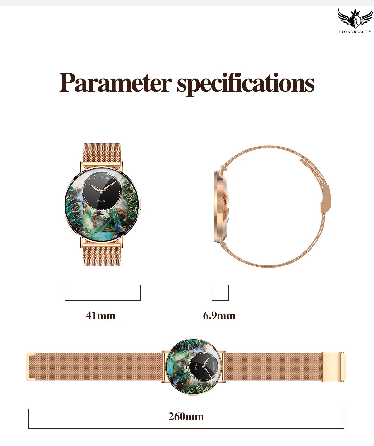 Watch with rose gold band and green dial, showing dimensions on a white background.