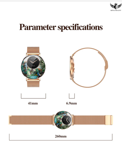 Watch with rose gold band and green dial, showing dimensions on a white background.