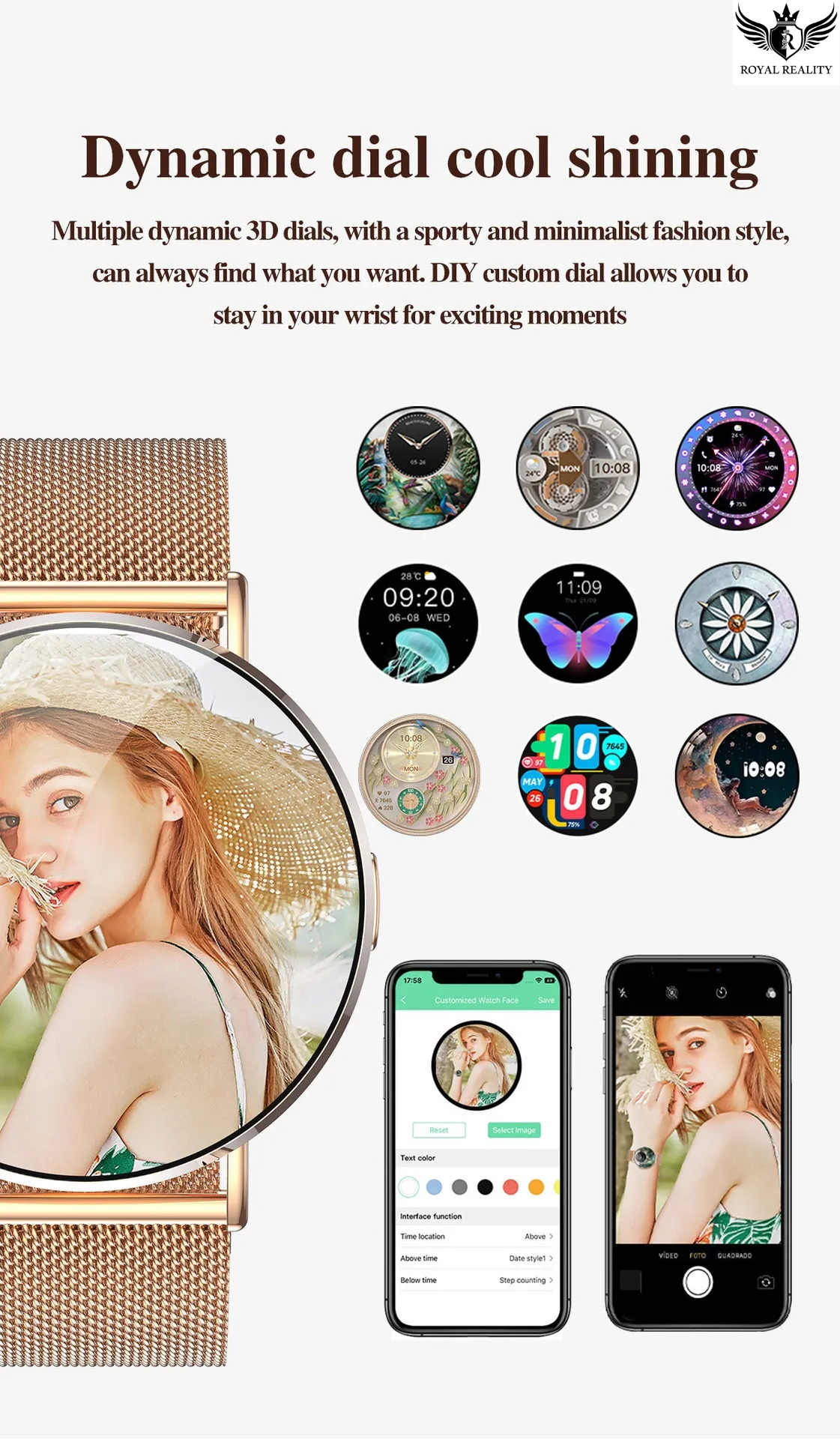 Smartwatch with customizable digital and analog dials, displayed on a white background.