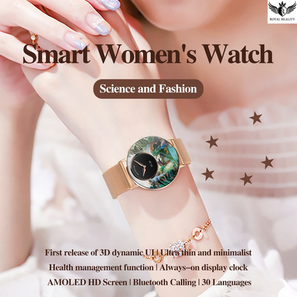 Smart women's watch with detailed features on a blurred background