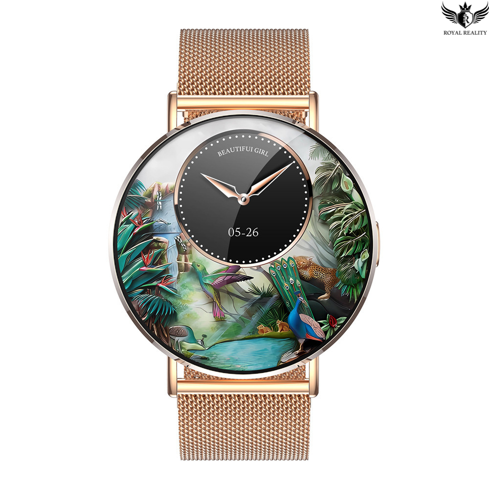 Wristwatch with a rose gold mesh band and a colorful tropical design on the dial.