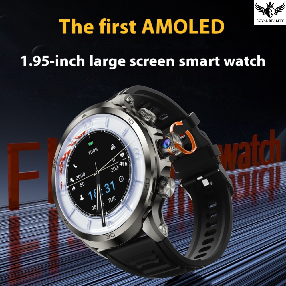 Smartwatch with large AMOLED display on a dark background