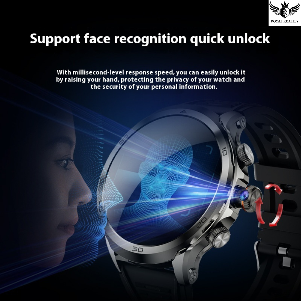 Smartwatch with face recognition technology on a dark background