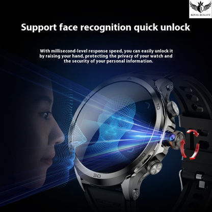 Smartwatch with face recognition technology on a dark background