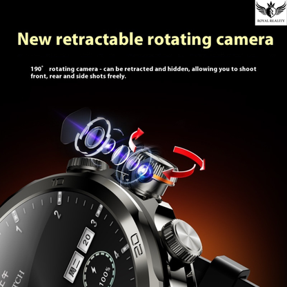 Retractable rotating camera attached to a watch with promotional text on a dark background