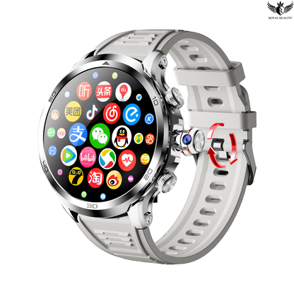 Smartwatch with colorful app icons on a white background