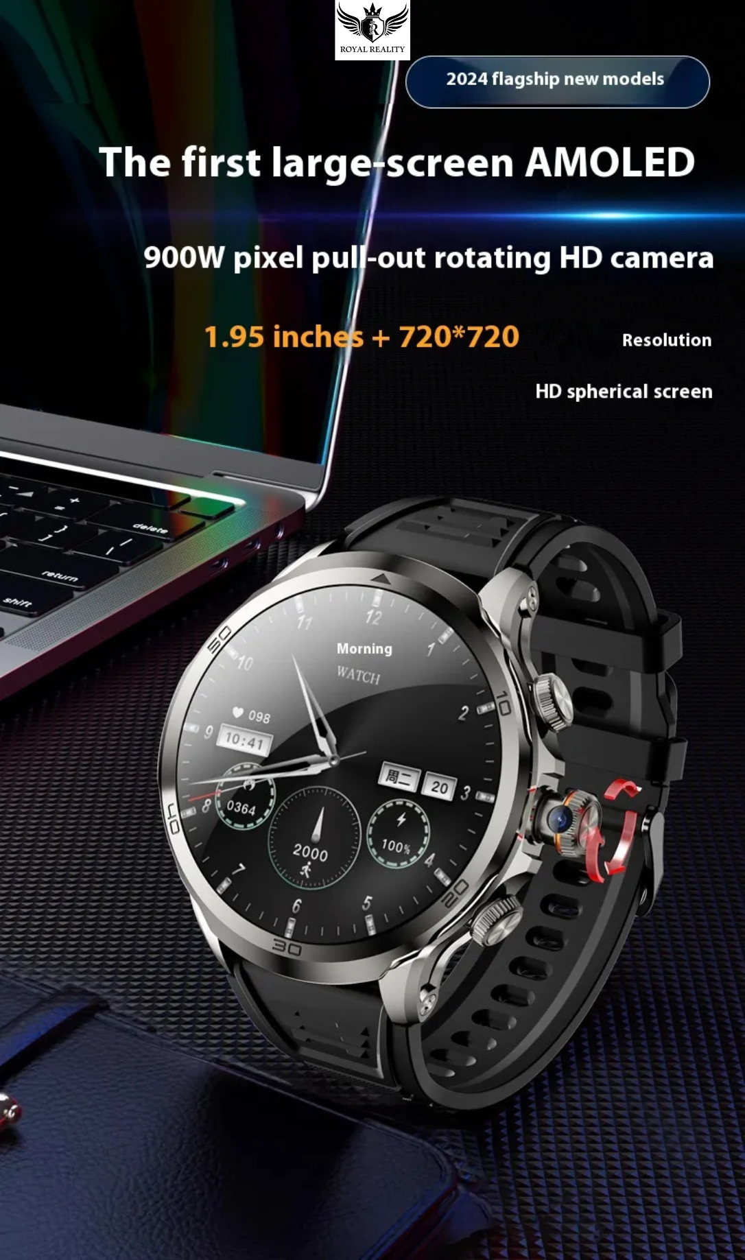 Smartwatch with AMOLED display and camera specifications on a dark background