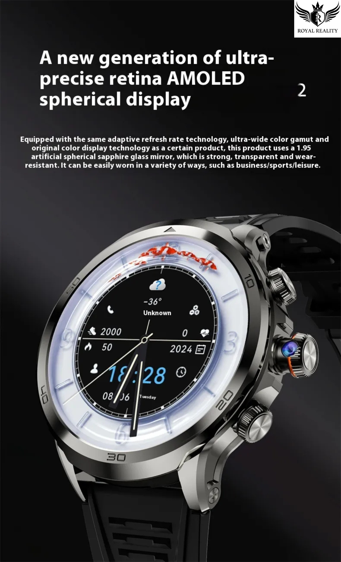 Smartwatch with AMOLED spherical display on a dark background