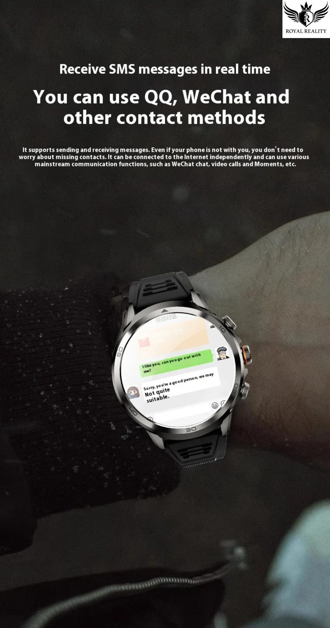 Smartwatch displaying a message on a dark background with text about real-time SMS messaging.