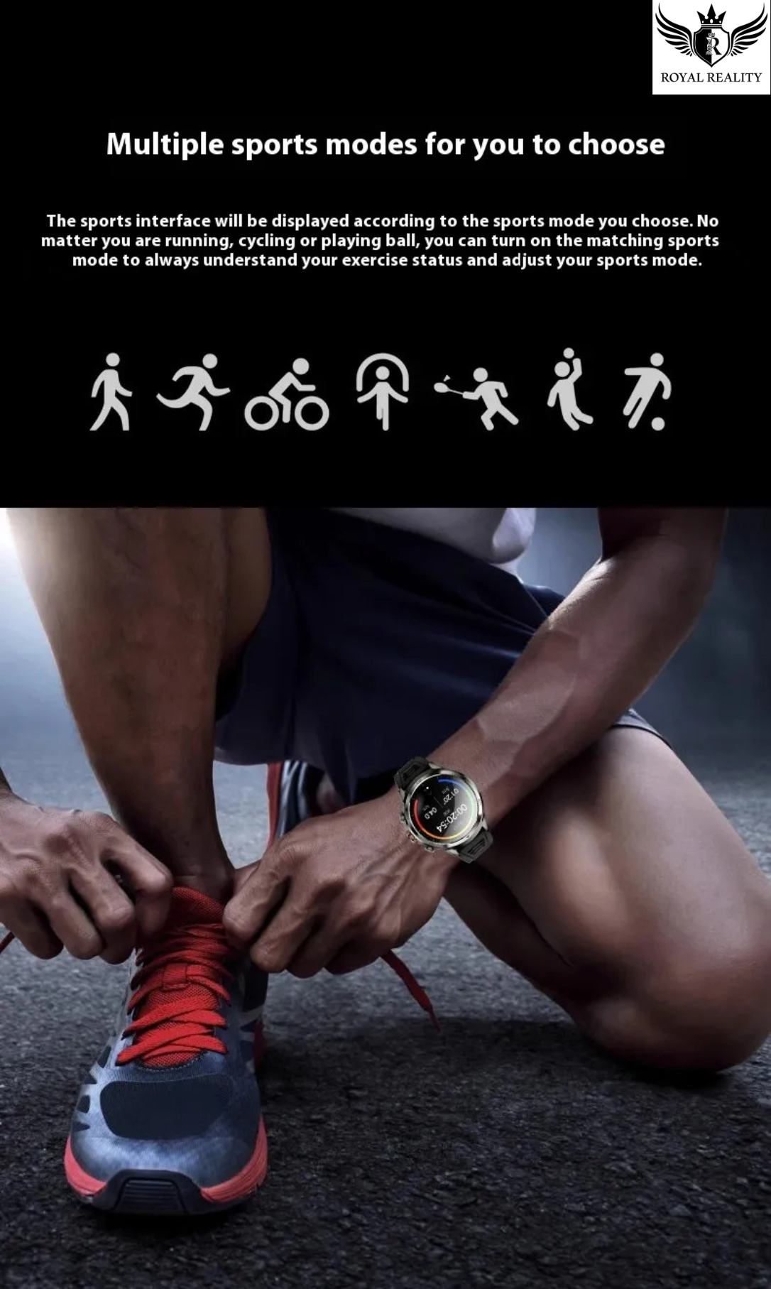 Person tying running shoes with a watch on, featuring sports mode icons.