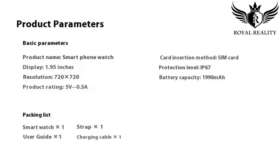 Product parameters of a smart phone watch with Royal Reality branding.
